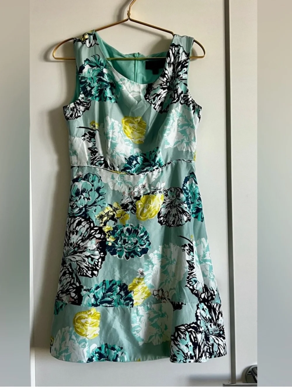 J.Crew 100% Silk Watercolor Floral A-Line Dress Blue Teal Yellow Sleeveless Sz 4
